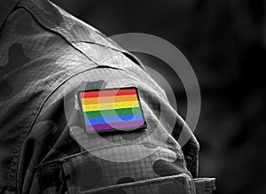 Rainbow flag LGBT movement on military uniform. Integration of homosexuals in the military. Discrimination in army. Collage