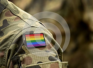 Rainbow flag LGBT movement on military uniform. Integration of homosexuals in the military. Discrimination in army. Collage