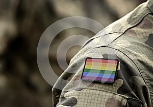 Rainbow flag LGBT movement on military uniform. Integration of homosexuals in the military. Discrimination in army. Collage