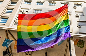 Rainbow flag at a Pride Day gay, lesbian, and LGBT parade. photo