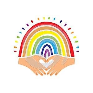 Rainbow flag, Pride logo, Hand-drawn rainbow and heart-shaped hands. Pride flag, LGBT movement emblem, Love emblem
