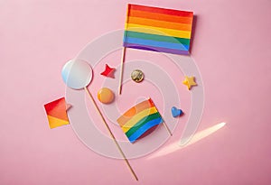 a rainbow flag, a rainbow flag pin, and other items on a pink background