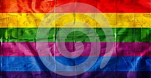 A rainbow flag is shown on a crumpled background