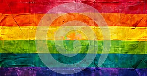 A rainbow flag is shown on a grunge background