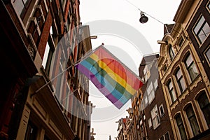 a rainbow flag waving on an old building in Brussels