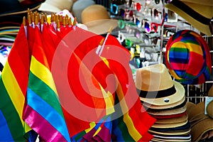 Rainbow flags and decorations, hats and glasses for sale photo