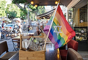 Rainbow flags with the jewish star of David at undefined cafe