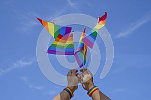 Rainbow flags LGBT community symbol are being waved by a man hands on background clear blue sky