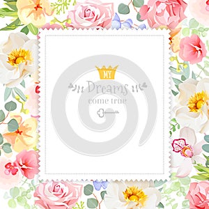 Rainbow floral square vector design frame. Orchid, rose, carnation flowers and bright summer green leaves