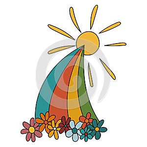 Rainbow with Flowers and Sun in 70s or 60s Retro Trippy Style. Weather Funny 1970 Icon. Seventies Groovy Flowers.