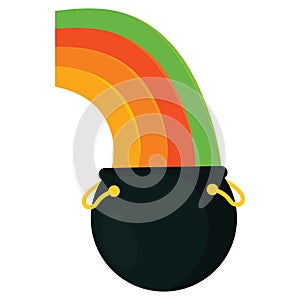 Rainbow flowing into pot of treasure. Vector