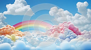 Rainbow fluffy clouds of pink, purple, turquoise, blue, yellow colors with rainbows. Cartoon Illustration. Abstract