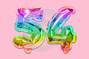 Rainbow foil balloon number, digit fifty four on a pink background. Birthday greeting card with inscription 54.