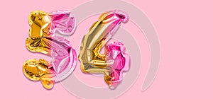 Rainbow foil balloon number, digit fifty four on a pink background. Birthday greeting card with inscription 54.