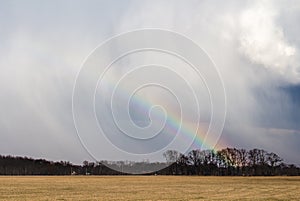 A rainbow forms behind a passing storm as the sun begins to shine.