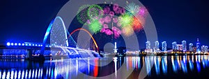 Rainbow fountain show at Expo Bridge and firework festival in Daejeon, Korea.