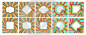 Rainbow frames set 70s psychedelic hippie style. Vintage frame 1970s groove. vector illustration