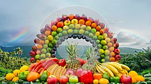 A rainbow of fruits and vegetables are displayed in a basket