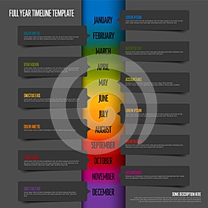 Rainbow full year vertical timeline template with dark bubbles