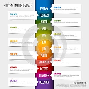 Rainbow full year vertical timeline template with white bubbles