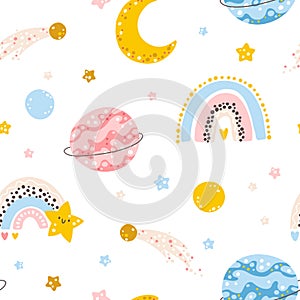 Rainbow galaxy seamless pattern with moon, planets and stars. Vector illustration in simple hand-drawn cartoon