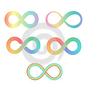 Rainbow gradient infinity signs collection. Loop shape vector illustration. Endless symbol. Autism and neurodiversity symbol photo