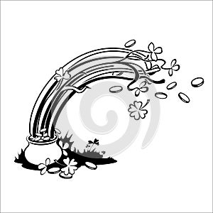 Rainbow, green leaf lucky clover and pot full of gold. Black and white vector illustration