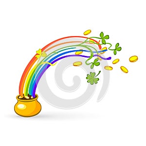 Rainbow, green leaf lucky clover and pot full of gold. Vector illustration