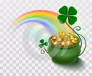 Rainbow, green leaf lucky clover and pot full of gold photo