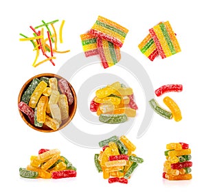 Rainbow Gummy Candy Pile Isolated, Sour Jelly Candies Strips in Sugar Sprinkle