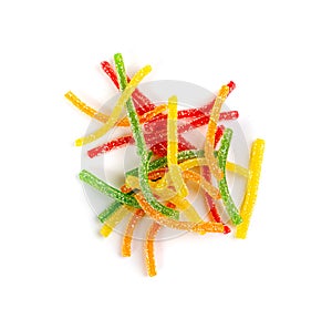 Rainbow Gummy Candy Pile Isolated, Sour Jelly Candies Strips in Sugar Sprinkle, Colorful Striped Marmalade