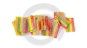 Rainbow Gummy Candy Pile Isolated, Sour Jelly Candies Strips in Sugar Sprinkle, Colorful Striped Marmalade