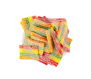 Rainbow Gummy Candy Pile Isolated, Sour Jelly Candies Strips in Sugar Sprinkle, Colorful Striped Marmalade