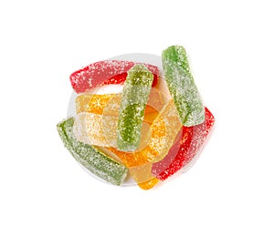 Rainbow Gummy Candy Pile Isolated, Sour Jelly Candies Strips in Sugar Sprinkle, Colorful Striped Marmalade