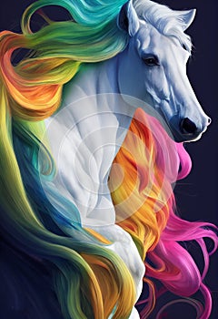 Rainbow hair horse. Detailed close up portrait. Dirt, water, galloping, race. Generative AI illustration