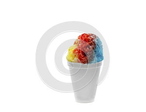 Rainbow Hawaiian Shave ice, Shaved ice or snow cone in a plain white cup against a white background. photo