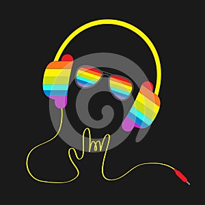 Rainbow headphones with cord in shape of hand and