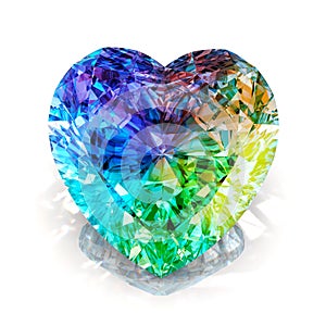 Rainbow heart shape diamond. Beautiful shape emerald image with reflective surface. Render brilliant jewelry stock image.