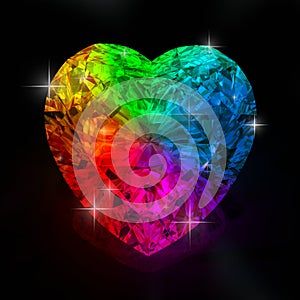 Rainbow heart shape diamond. Beautiful shape emerald image with reflective surface. Render brilliant jewelry stock image.