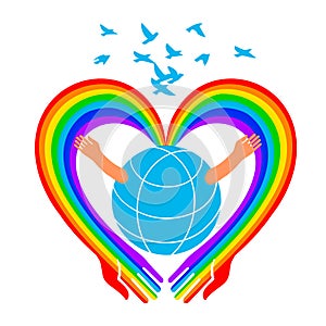 Rainbow heart-shaped hands embrace the planet earth.