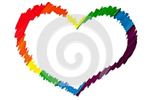 Rainbow heart silhouette on white background isolated close up, heart shape frame LGBT flag color, hand drawn LGBTQ symbol, border