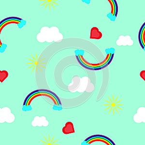 Rainbow, heart, sun and clouds on a blue background