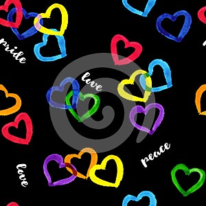 Rainbow hearts pride theme seamless pattern with white scripts on black background