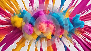 rainbow holi paint color powder explosion on a white wide panorama background, the powder is light