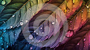 Rainbow hues on wet leaves, sharp detail, sunlit drops , graphic design