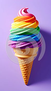 Rainbow ice cream in waffle cone on violet background, close up