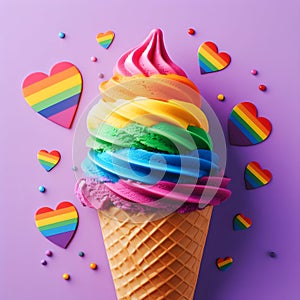 Rainbow ice cream in waffle cone on violet background, close up