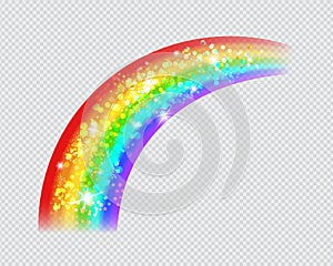 Rainbow icon with sparkles, glitter and stars isolated on transparent background. Realistic colourful spectrum arch. Fantasy weath