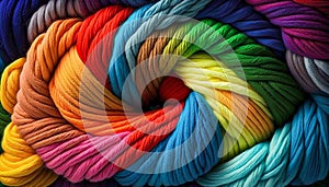 Rainbow interlaced yarn threads for knitting background. Generative AI