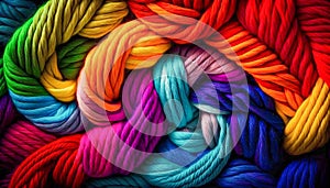Rainbow interlaced yarn threads for knitting background. Generative AI